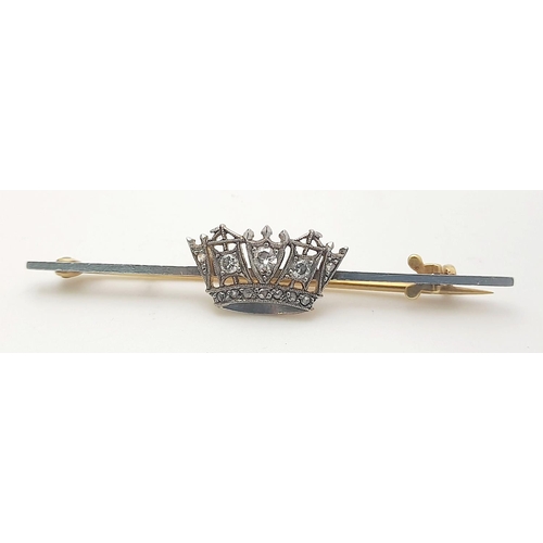 408 - An Antique Art Deco 15k Yellow Gold, Platinum and Diamond Regal Stick Pin. A central diamond crown -... 