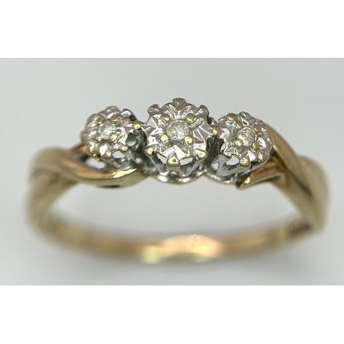 463 - A 9K Yellow Gold, Diamond Trilogy Ring. Size N 1/2. 1.75g total weight.