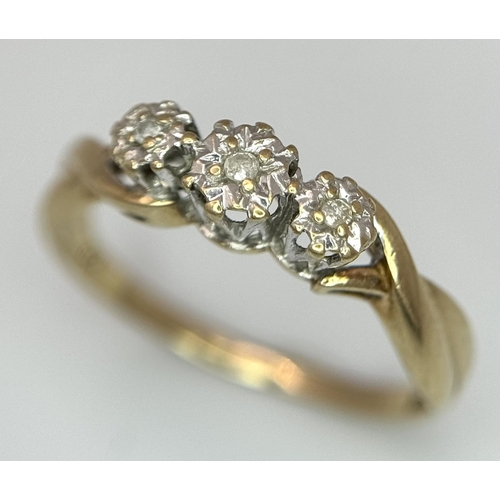 463 - A 9K Yellow Gold, Diamond Trilogy Ring. Size N 1/2. 1.75g total weight.