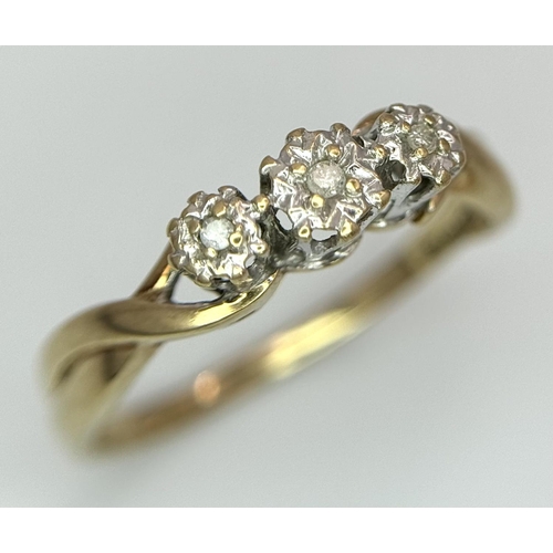 463 - A 9K Yellow Gold, Diamond Trilogy Ring. Size N 1/2. 1.75g total weight.