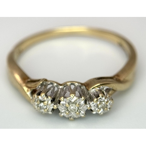 463 - A 9K Yellow Gold, Diamond Trilogy Ring. Size N 1/2. 1.75g total weight.