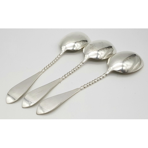 597 - A SUPERB SET OF 3 RUSSIAN ANTIQUE SERVING SPOONS. MARKED 84, BRIGHT CUT WITH WONDERFULL INCISED FLOR... 