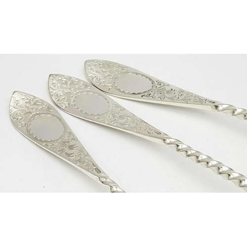 597 - A SUPERB SET OF 3 RUSSIAN ANTIQUE SERVING SPOONS. MARKED 84, BRIGHT CUT WITH WONDERFULL INCISED FLOR... 