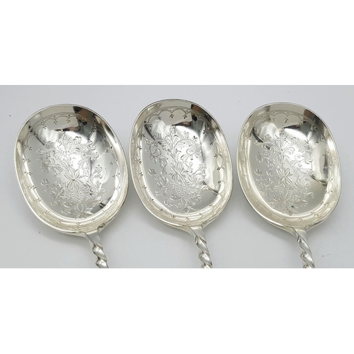 597 - A SUPERB SET OF 3 RUSSIAN ANTIQUE SERVING SPOONS. MARKED 84, BRIGHT CUT WITH WONDERFULL INCISED FLOR... 