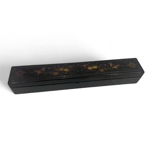 1870 - An Antique Chinese Wooden Trinket Box. Black lacquer exterior with finely hand painted floral and bi... 