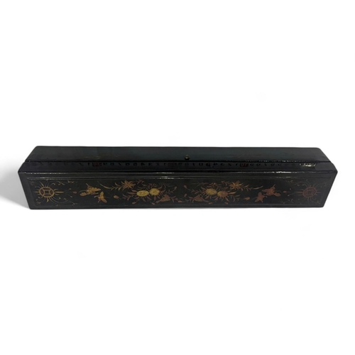 1870 - An Antique Chinese Wooden Trinket Box. Black lacquer exterior with finely hand painted floral and bi... 