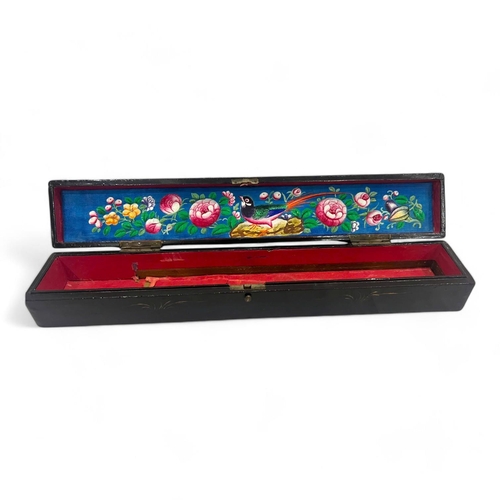 1870 - An Antique Chinese Wooden Trinket Box. Black lacquer exterior with finely hand painted floral and bi... 