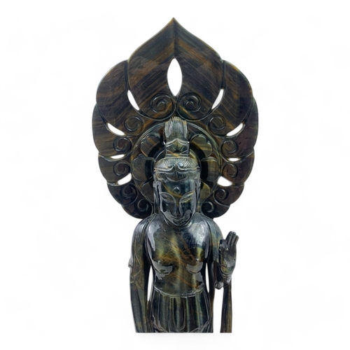 1254 - A hand cared Solid Cat’s Eye Stone Asian Guan Yin deity Statue. Lovely brown and golden variation co... 