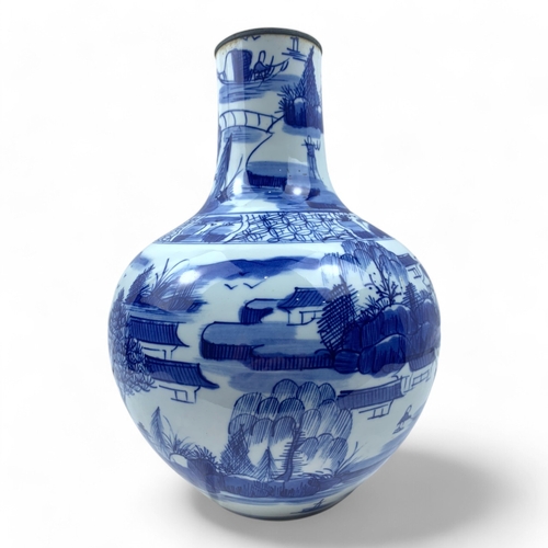 1261 - An antique Chinese Blue and White Porcelain Landscape Vase. Hand-painted porcelain with a glazed fin... 