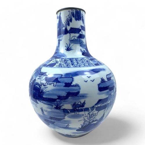 1261 - An antique Chinese Blue and White Porcelain Landscape Vase. Hand-painted porcelain with a glazed fin... 