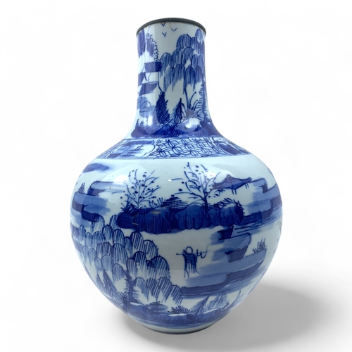 1261 - An antique Chinese Blue and White Porcelain Landscape Vase. Hand-painted porcelain with a glazed fin... 