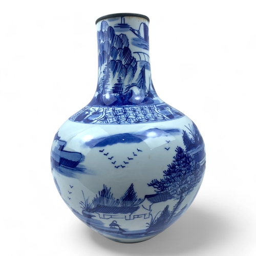 1261 - An antique Chinese Blue and White Porcelain Landscape Vase. Hand-painted porcelain with a glazed fin... 