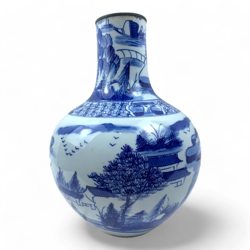 1261 - An antique Chinese Blue and White Porcelain Landscape Vase. Hand-painted porcelain with a glazed fin... 