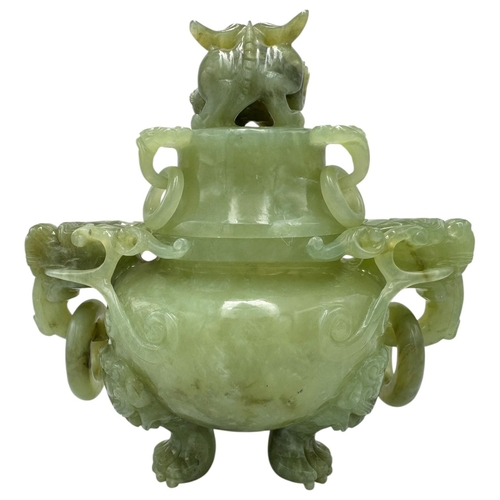 1346 - A fantastic Chinese Green Serpentine Jade Censer with Dragon Motifs.  
Green serpentine jade designe... 