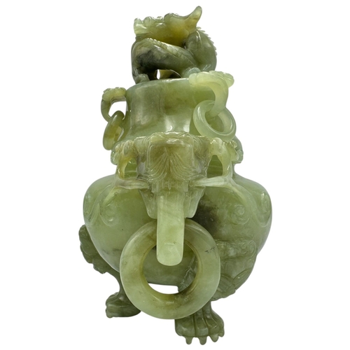 1346 - A fantastic Chinese Green Serpentine Jade Censer with Dragon Motifs.  
Green serpentine jade designe... 