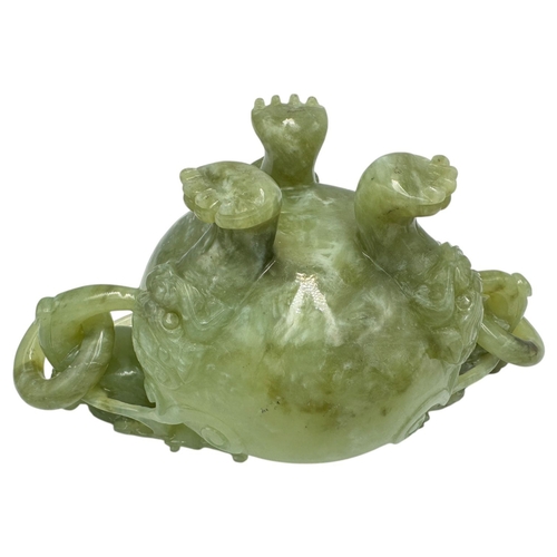 1346 - A fantastic Chinese Green Serpentine Jade Censer with Dragon Motifs.  
Green serpentine jade designe... 