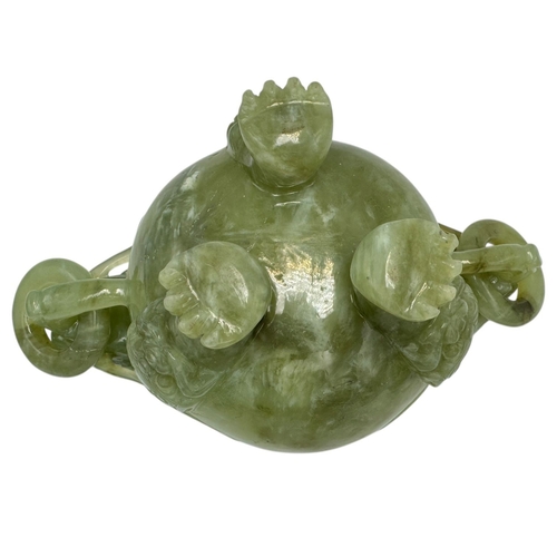 1346 - A fantastic Chinese Green Serpentine Jade Censer with Dragon Motifs.  
Green serpentine jade designe... 