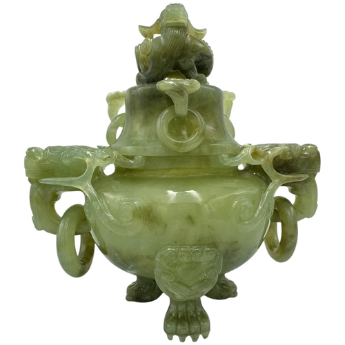 1346 - A fantastic Chinese Green Serpentine Jade Censer with Dragon Motifs.  
Green serpentine jade designe... 