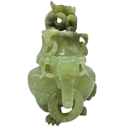 1346 - A fantastic Chinese Green Serpentine Jade Censer with Dragon Motifs.  
Green serpentine jade designe... 