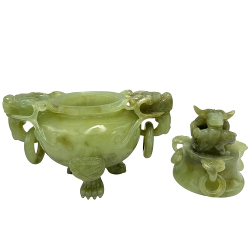 1346 - A fantastic Chinese Green Serpentine Jade Censer with Dragon Motifs.  
Green serpentine jade designe... 