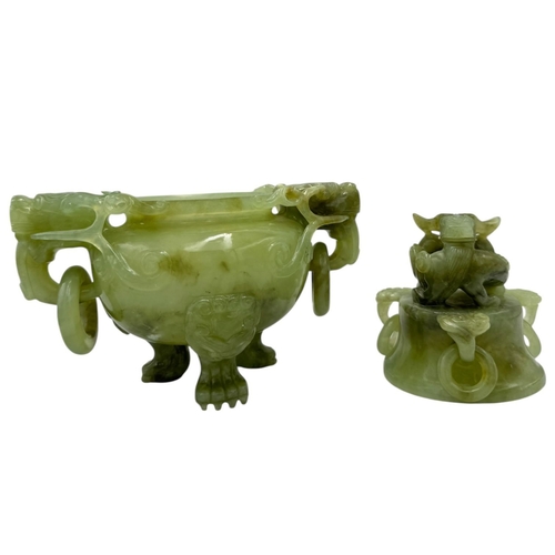 1346 - A fantastic Chinese Green Serpentine Jade Censer with Dragon Motifs.  
Green serpentine jade designe... 