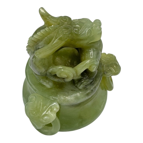 1346 - A fantastic Chinese Green Serpentine Jade Censer with Dragon Motifs.  
Green serpentine jade designe... 