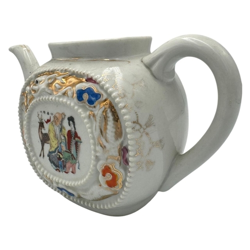 1373 - A Chinese export Porcelain Teapot with Hand-Painted Details. White porcelain exterior with multicolo... 