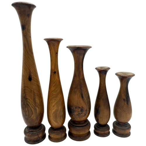 1415 - A marvelous Set of Five vintage Asian handcrafted Wooden Vases, from the rare specie Glyptostrobus p... 