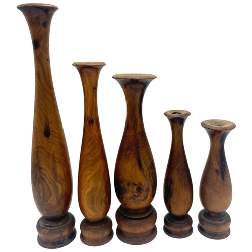 1415 - A marvelous Set of Five vintage Asian handcrafted Wooden Vases, from the rare specie Glyptostrobus p... 