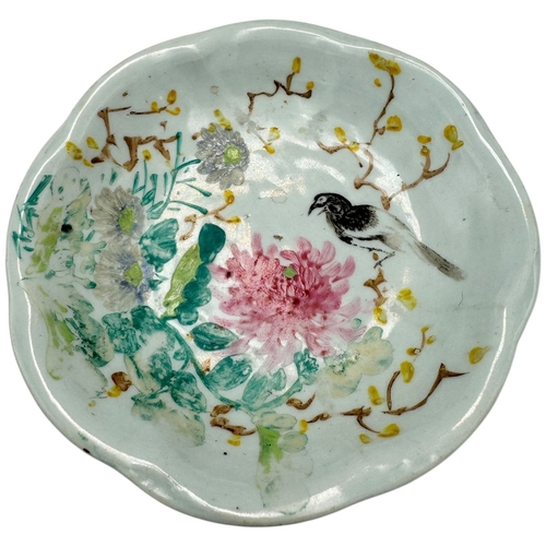 1499 - An antique Chinese Ming Dynasty Chrysanthemum and Phoenix porcelain Plate on wooden display. Hand-pa... 