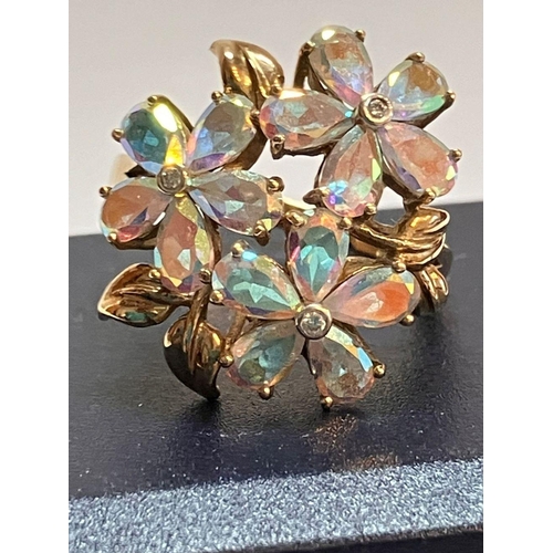 357 - Beautiful 9 CARAT GOLD MYSTIC TOURMALINE RING with DIAMOND DETAIL. Consisting a floral cluster style... 