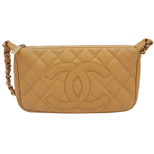 158 - A Chanel Beige Caviar Leather Shoulder Bag. Beige caviar leather exterior with gold-toned hardware a... 