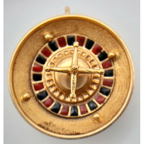 149 - A Vintage 18K Yellow Gold Gem-Set Roulette Wheel Pendant. Wheel spins! 2.5cm diameter. 6.6g.