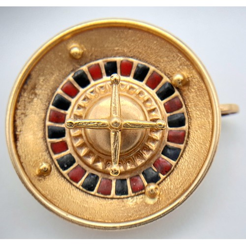 149 - A Vintage 18K Yellow Gold Gem-Set Roulette Wheel Pendant. Wheel spins! 2.5cm diameter. 6.6g.