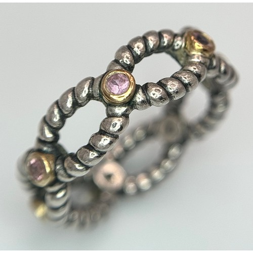 367 - A Pandora Sterling Silver Pink Stone Set Ring. Size O. Comes with a Pandora box.