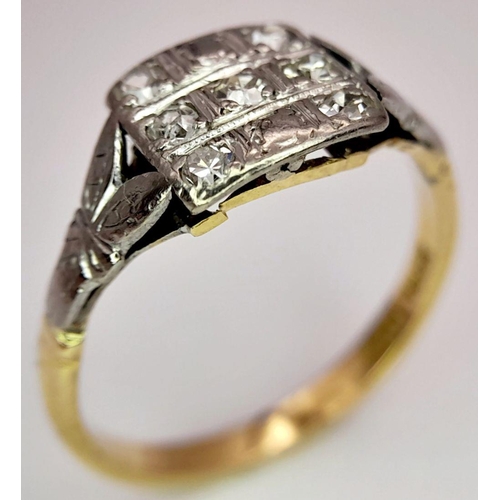 1609 - AN 18K YELLOW GOLD AND PLATINUM VINTAGE OLD CUT DIAMOND RING. 3.1G. SIZE O. TAN6018