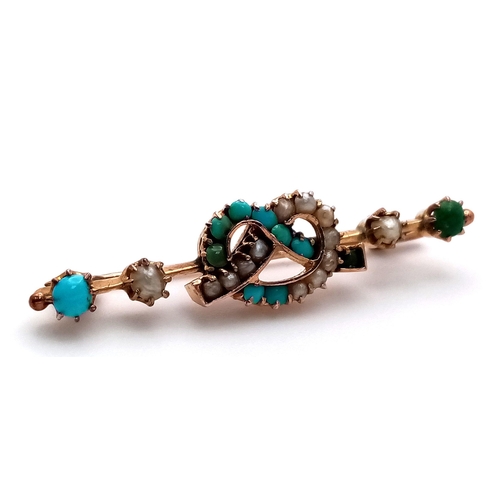 2431 - An Antique 9K Gold Seed Pearl and Turquoise Bar Brooch. 3.5cm. 2.4g total weight.