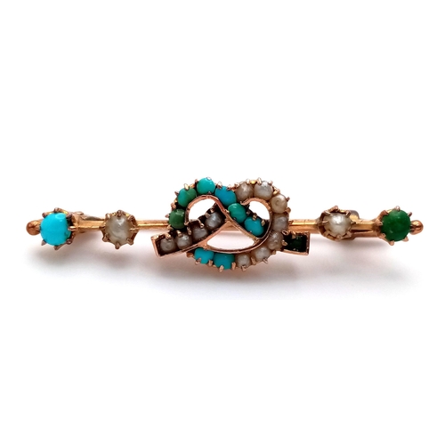 2431 - An Antique 9K Gold Seed Pearl and Turquoise Bar Brooch. 3.5cm. 2.4g total weight.