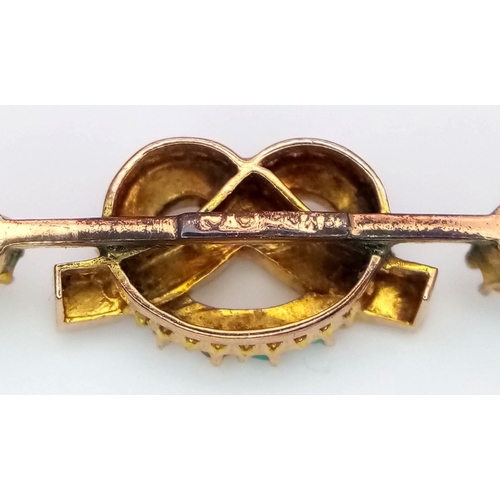 2431 - An Antique 9K Gold Seed Pearl and Turquoise Bar Brooch. 3.5cm. 2.4g total weight.