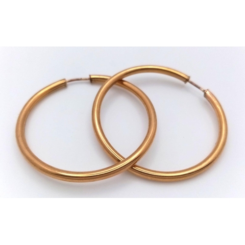 2426 - A Pair of 9K Yellow Gold Large Hoop Earrings. 3.5cm diameter. 3.77g.