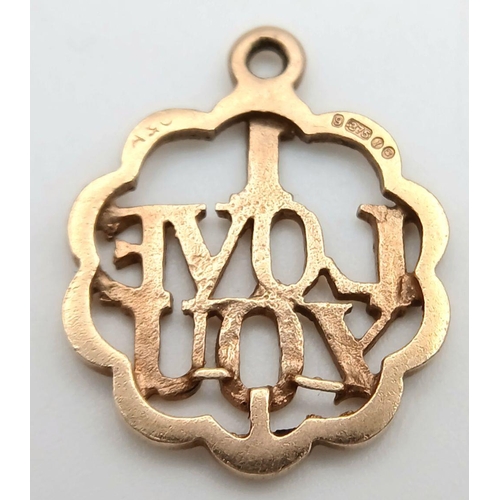 2427 - A 9K Yellow Gold 'I Love You' Pendant' - 2cm. 1.5g weight.