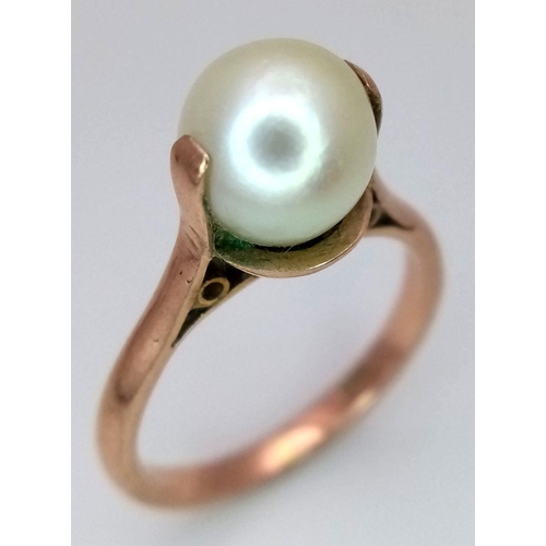 2442 - A 9K Rose Gold Pearl Solitaire Ring. Size M. 3.55g total weight.