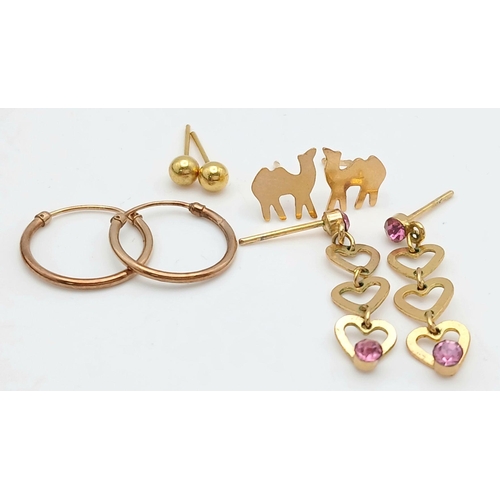 2444 - Four Different Style Pairs of 9K Gold Earrings. No backs. 2.8g total weight.