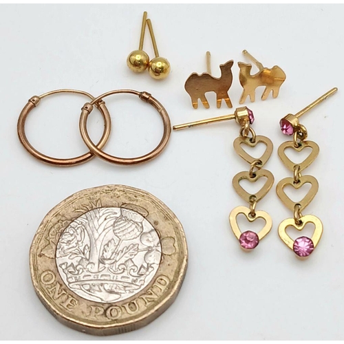 2444 - Four Different Style Pairs of 9K Gold Earrings. No backs. 2.8g total weight.