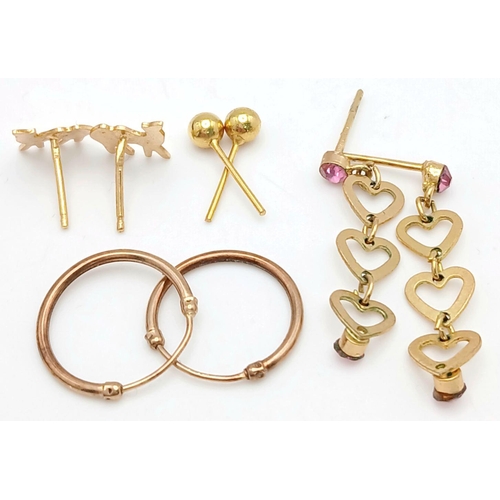 2444 - Four Different Style Pairs of 9K Gold Earrings. No backs. 2.8g total weight.