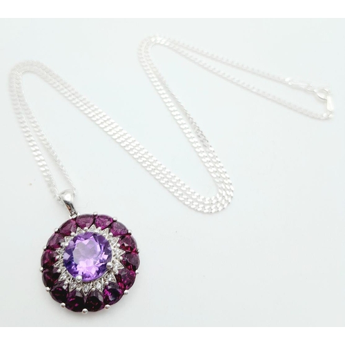 1218 - A Sterling Silver Amethyst, White Topaz and Pink Tourmaline Set Pendant Necklace. 46cm Length Curb L... 