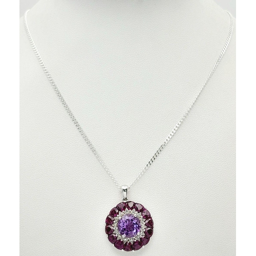 1218 - A Sterling Silver Amethyst, White Topaz and Pink Tourmaline Set Pendant Necklace. 46cm Length Curb L... 