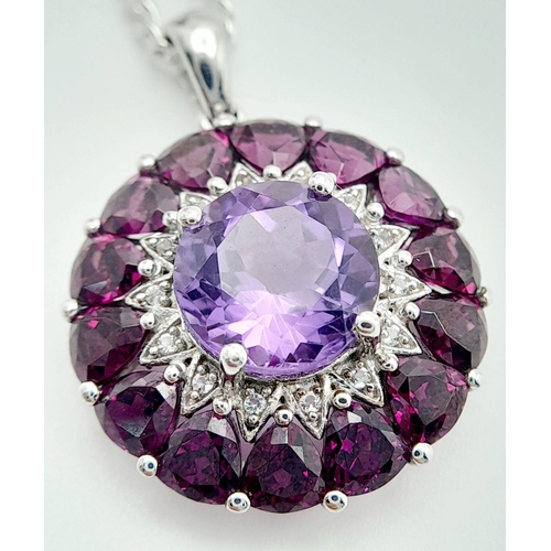 1218 - A Sterling Silver Amethyst, White Topaz and Pink Tourmaline Set Pendant Necklace. 46cm Length Curb L... 