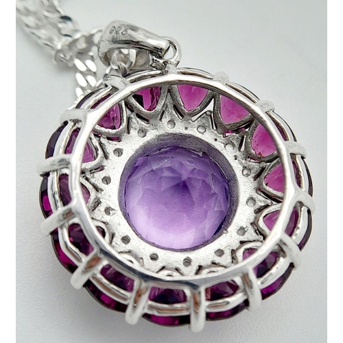 1218 - A Sterling Silver Amethyst, White Topaz and Pink Tourmaline Set Pendant Necklace. 46cm Length Curb L... 