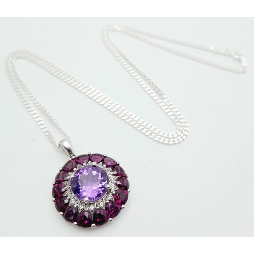 1218 - A Sterling Silver Amethyst, White Topaz and Pink Tourmaline Set Pendant Necklace. 46cm Length Curb L... 